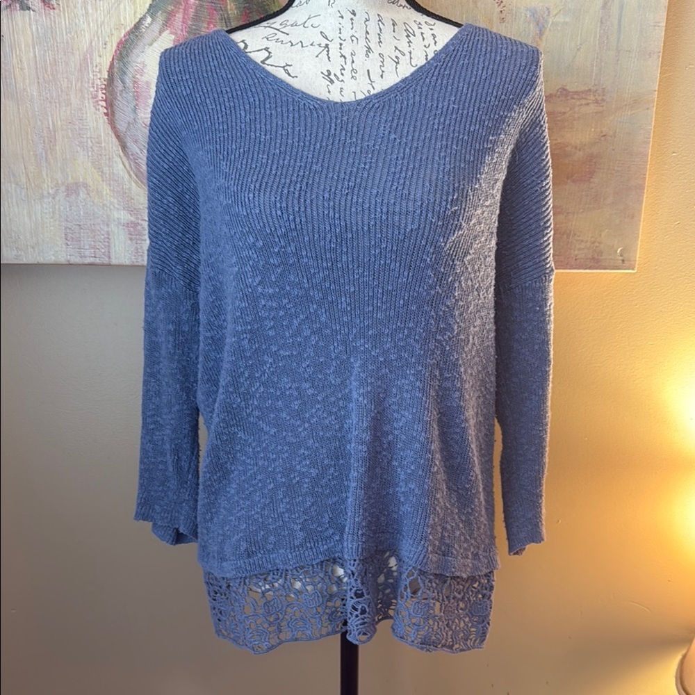 LOFT Blue Knit Top with Lace Hem